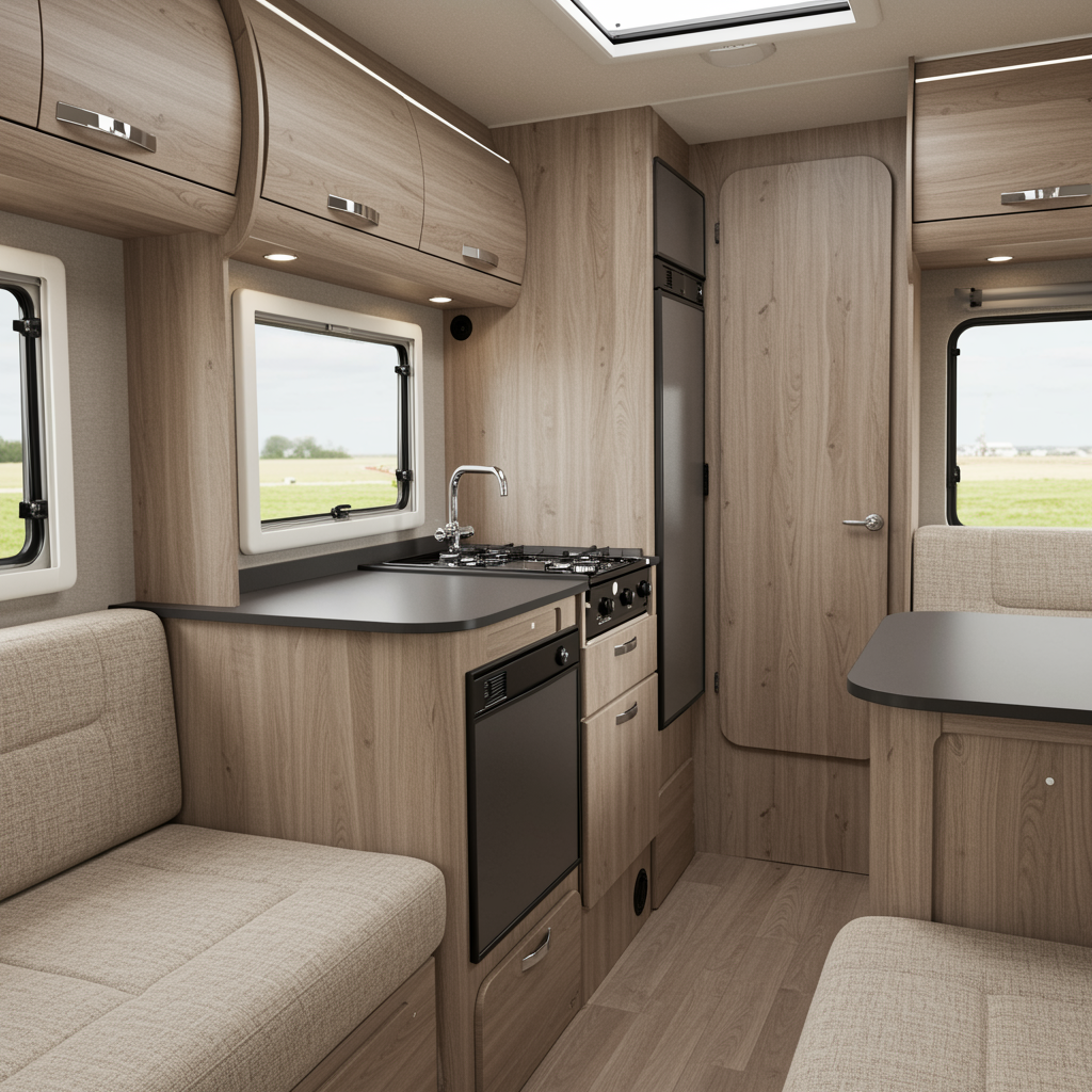 Interior of a finished 13 foot custom camper unit kit, featuring modern built-in cabinetry, compact seating, stylish countertops, and upscale fixtures in warm neutral tones, highlighting the premium details and craftsmanship of custom RV kits and retrofits.