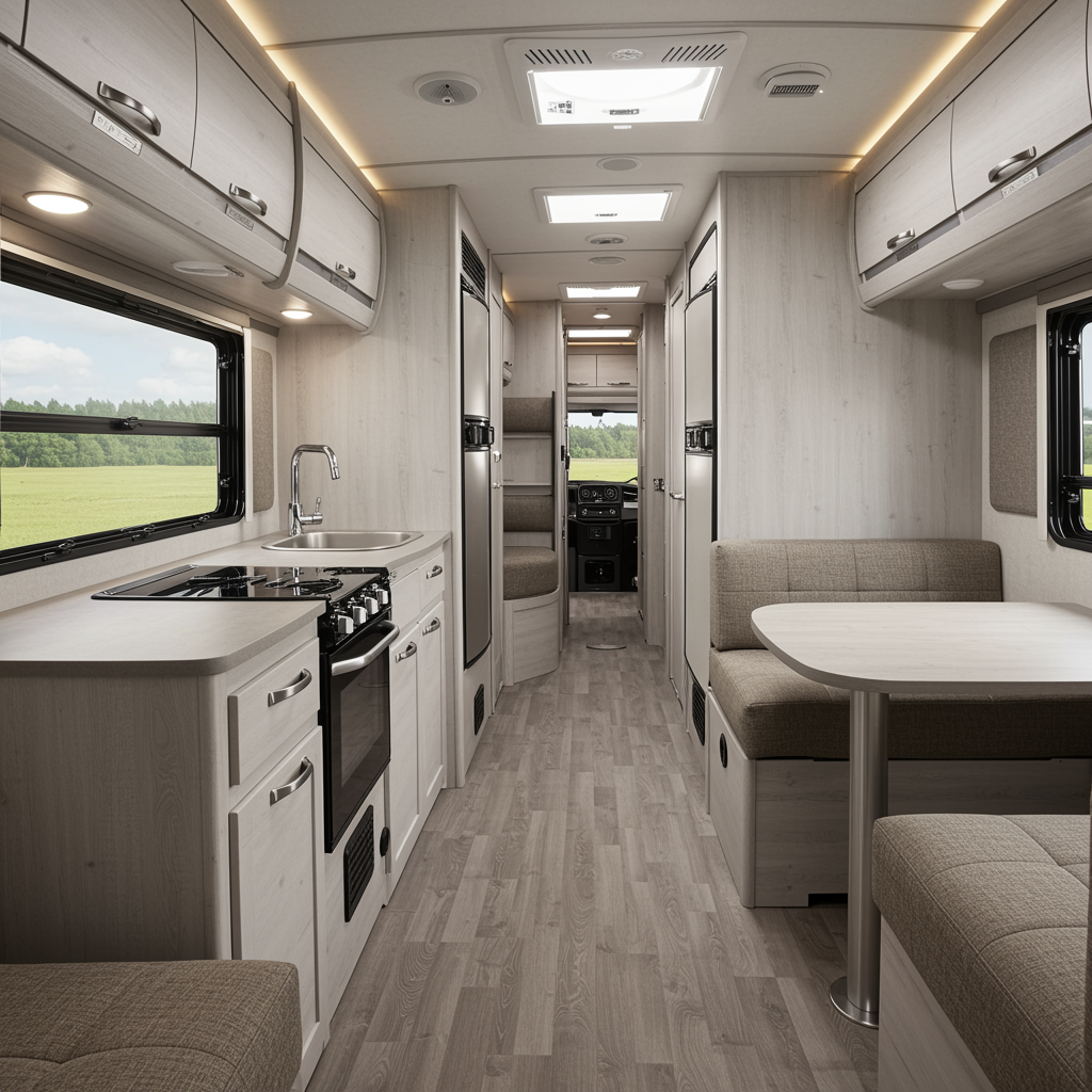 Interior of a 20-foot custom RV camper unit kit with modern cabinetry, kitchenette, neutral seating, and large windows, finished in soft gray and beige tones, highlighting expert RV kit installation and craftsmanship.