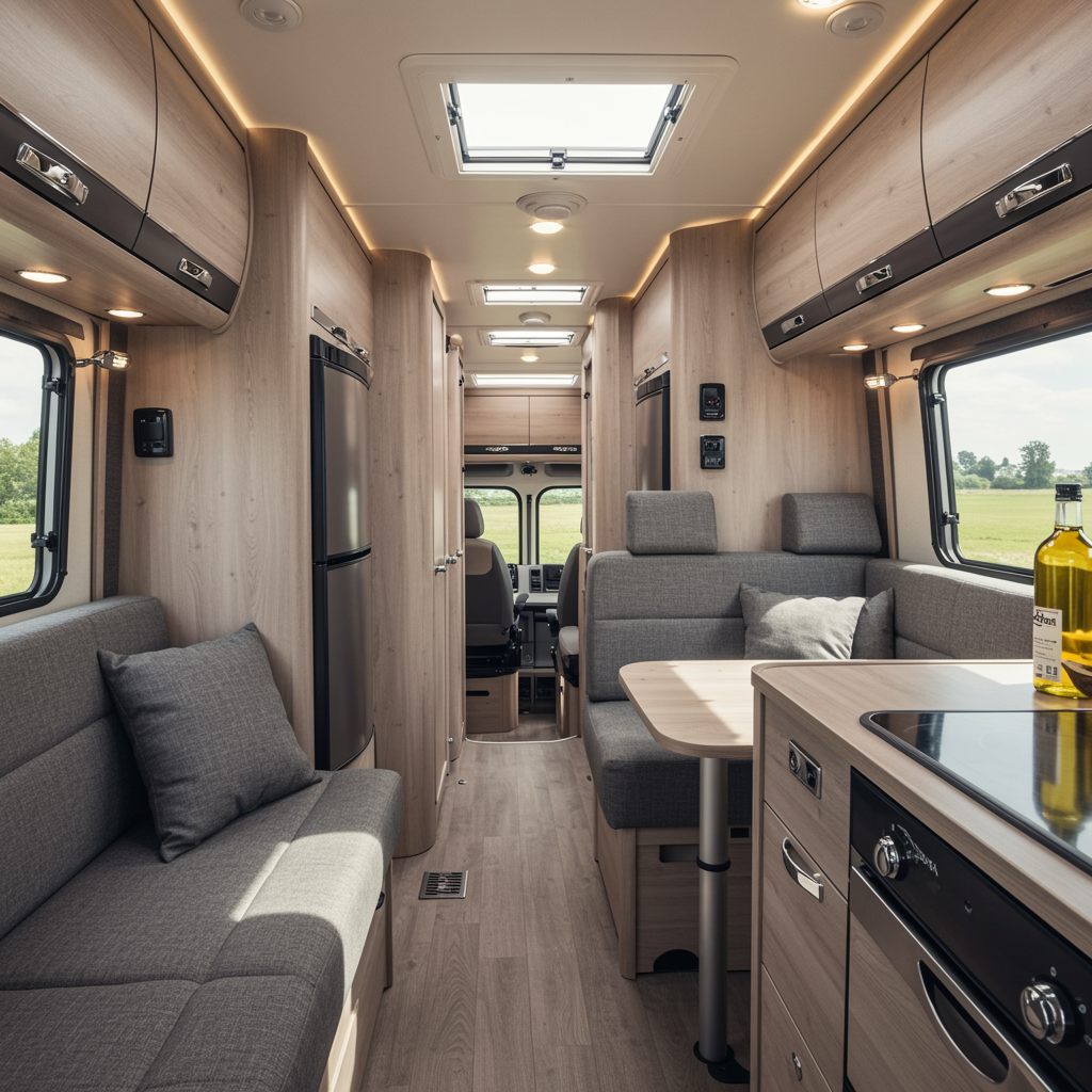 Custom camper kit interior showing elegant wood cabinetry, modern seating, and organized living space inside a high-end RV with natural light and premium finishes, representing custom RV kit and retrofit services for Ford F550 and Oshkosh mK23.
