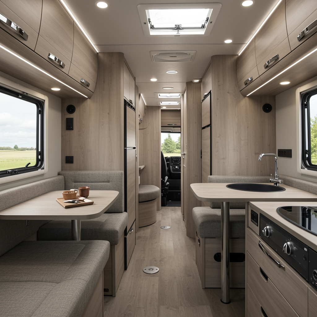 Custom RV interior showcasing completed kit assembly with modern cabinetry, built-in storage, and contemporary seating in a light-filled, professionally finished space for RV kit services and RV retrofit kits.