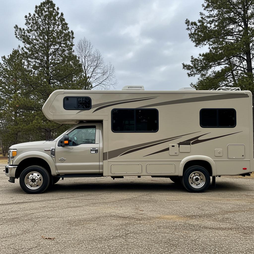 Fully completed Ford F550 RV retrofit kit standing in nature, showcasing custom exterior finishes and professional RV conversion work, with no people, tools, or distractions visible