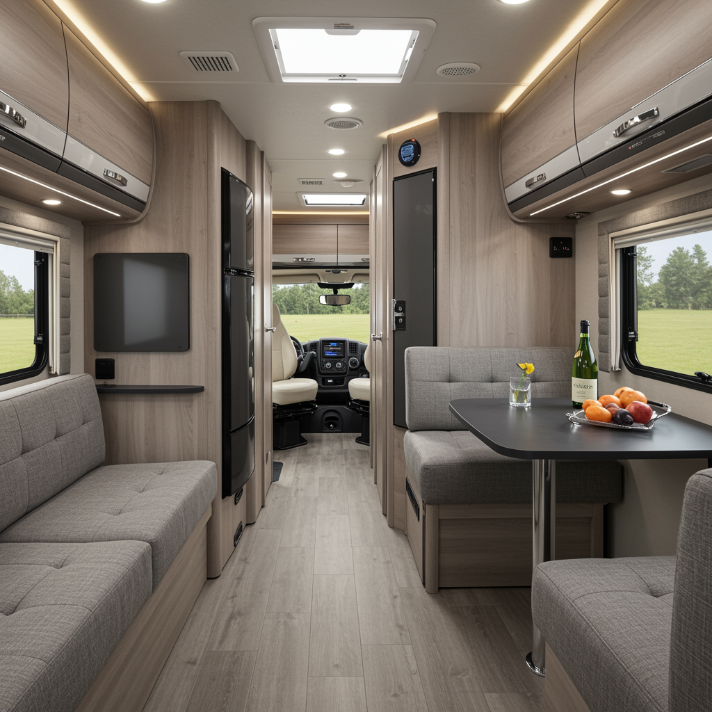 Modern RV interior featuring completed Oshkosh mK23 retrofit kit with custom cabinetry, plush seating, and high-quality finishes in a bright, spacious layout.