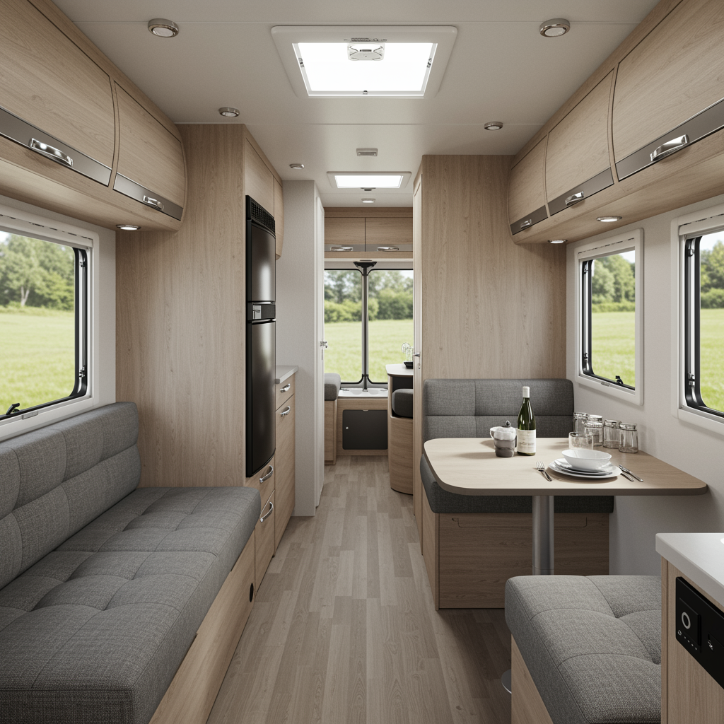 Luxurious prefab camper RV interior showcasing custom cabinetry, spacious seating, and modern finishes, representing high-quality custom RV kits and retrofit services.