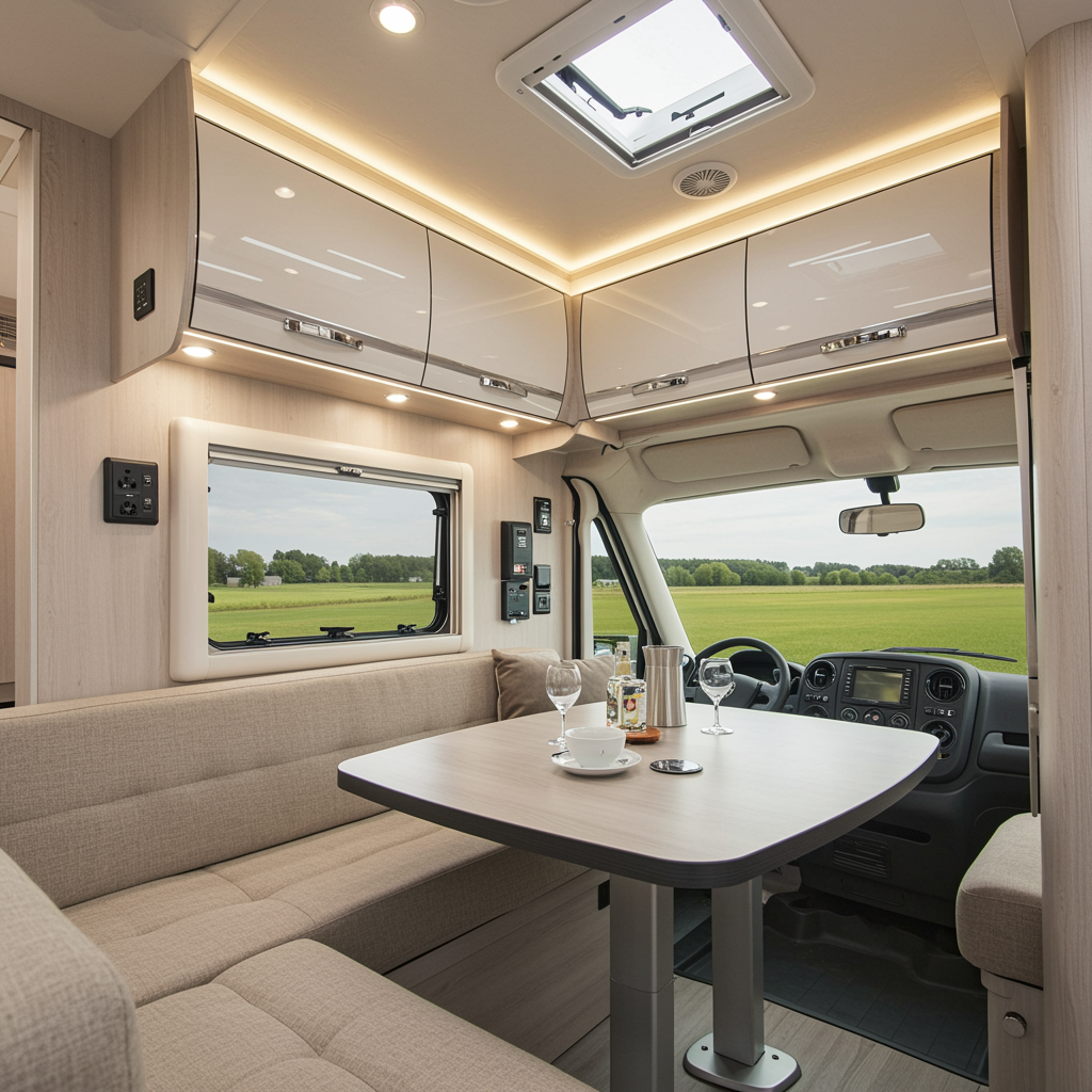 Modern custom RV interior with seamless electrical upgrades, ambient LED lighting, and polished finishes in a professional RV electrical retrofit.