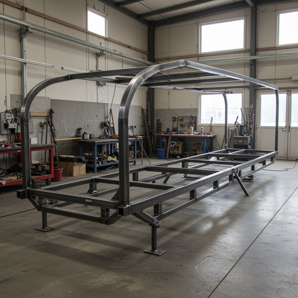 Custom built RV frame on display in a professional workshop, demonstrating precision fabrication and quality metalwork for RV kits and retrofit services
