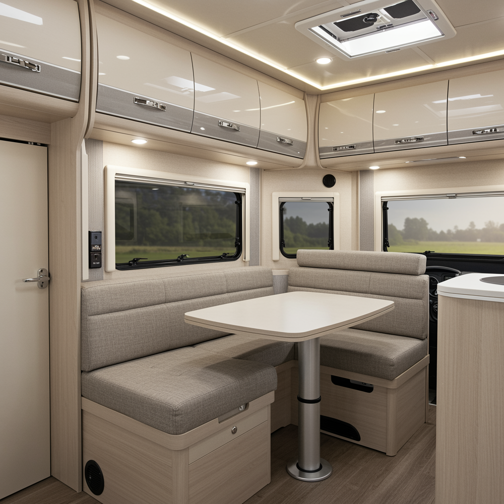 Custom RV interior with modern built-in cabinetry, plush seating, and stylish finishes, designed for a premium, personalized travel experience.