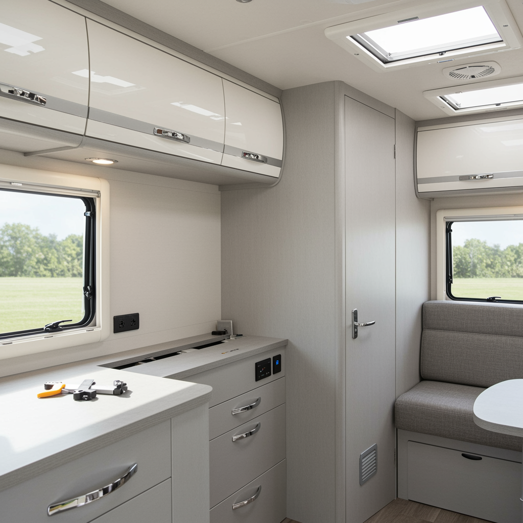 Interior view of a custom RV with professionally assembled wall panels, showcasing seamless finishes and modern design, part of RV wall assembly services for custom RV kit installs and retrofits.
