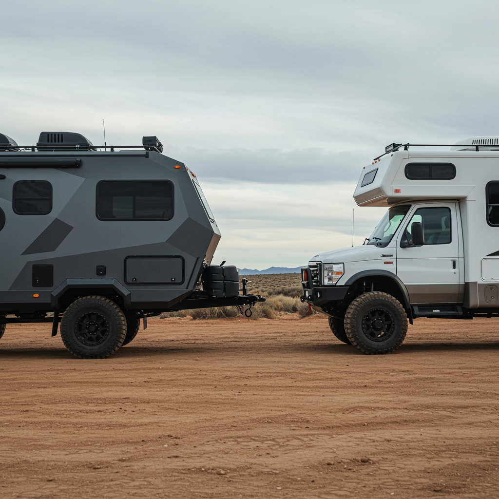Comparison of two custom expedition RVs in a natural outdoor setting, showcasing advanced RV kit features, modern design, and expert build quality for the Rover Home RV versus the Bliss Mobil RV.