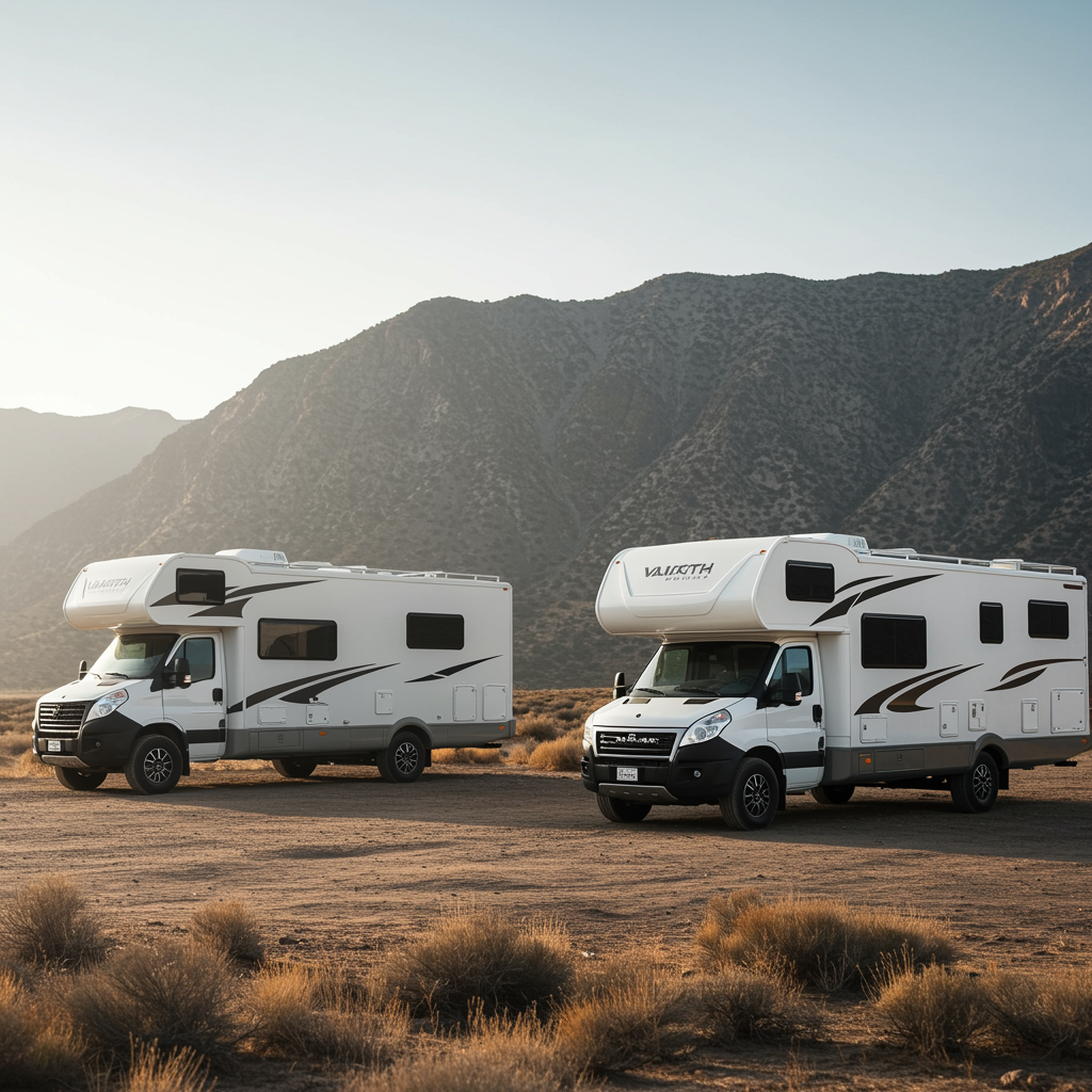 Two custom expedition RVs parked in a scenic outdoor setting, highlighting high-end finishes and innovation for custom RV kits and retrofit services.